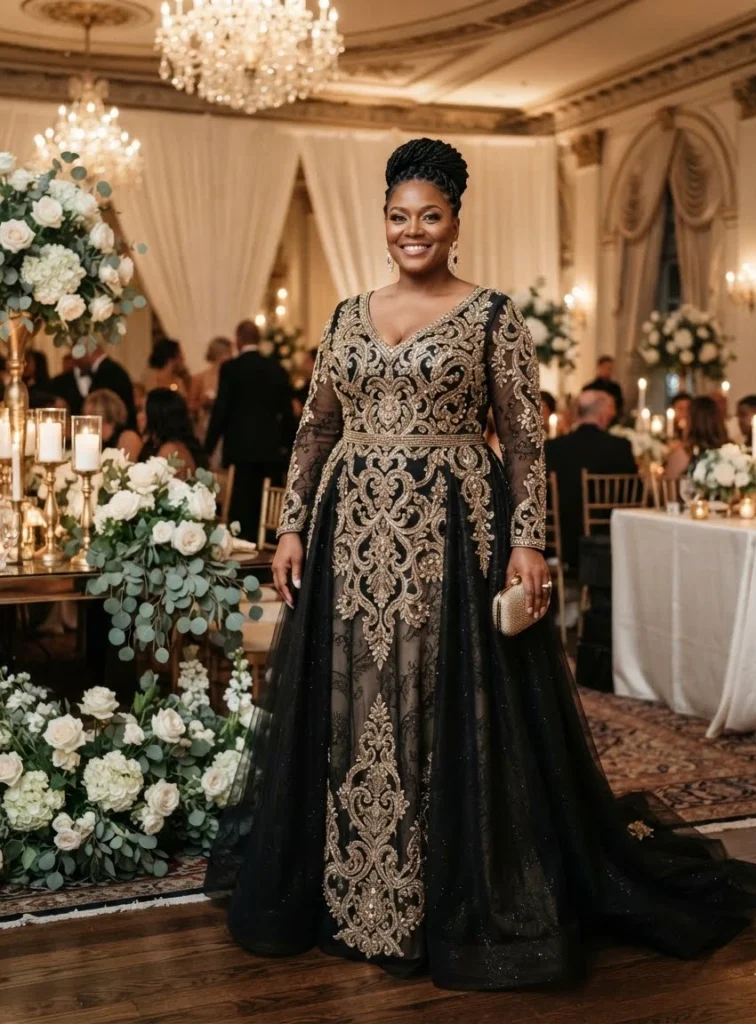 Black and Gold Embroidered Gown