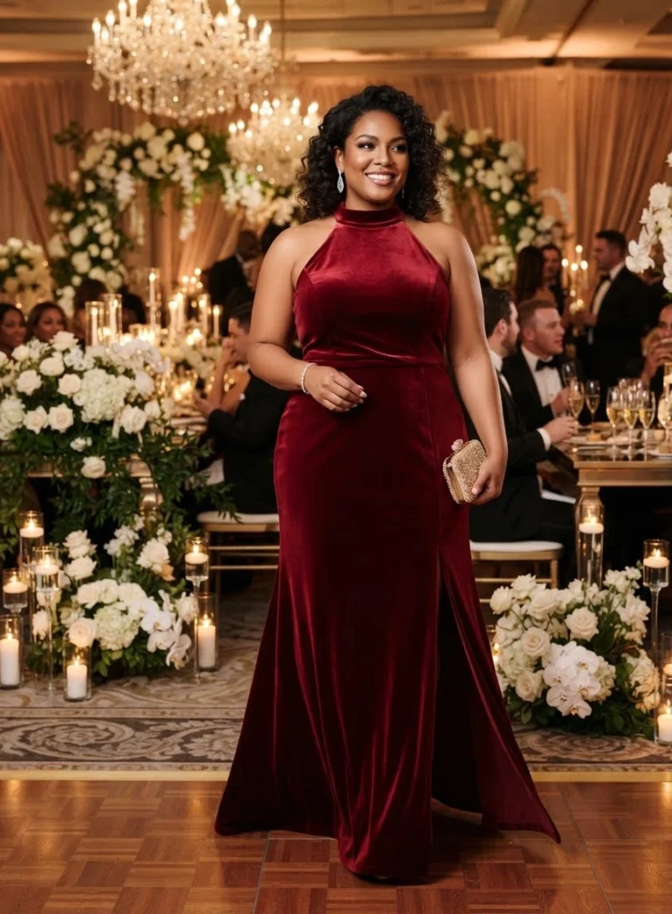 Deep Red Velvet Halter Gown