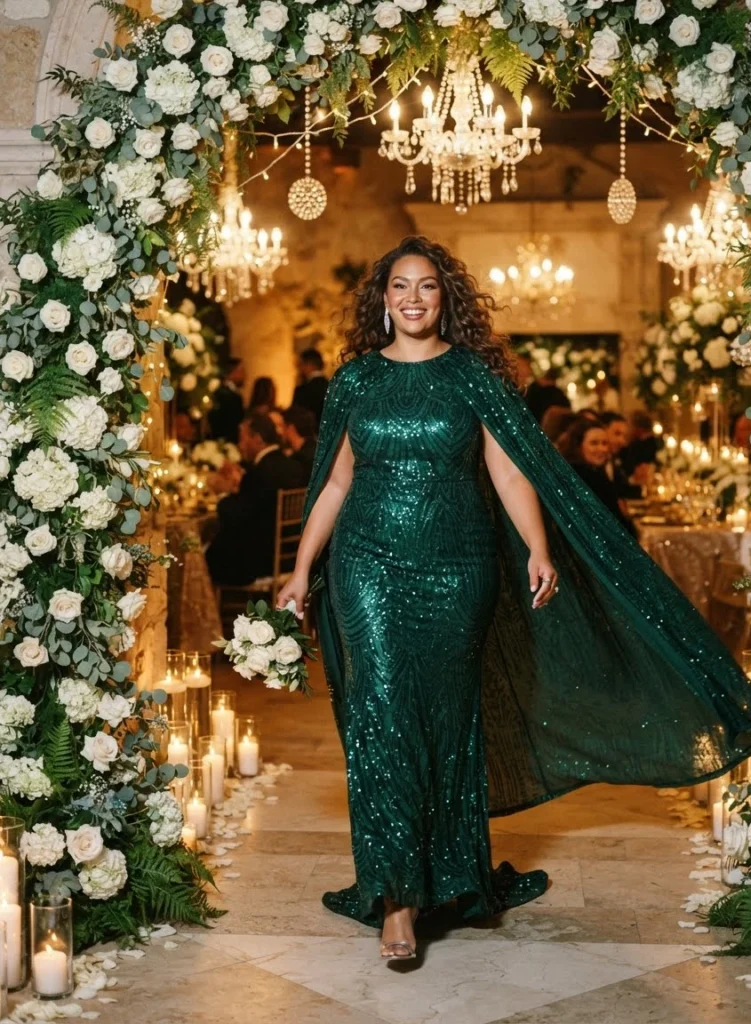 Emerald Sequin Cape Gown