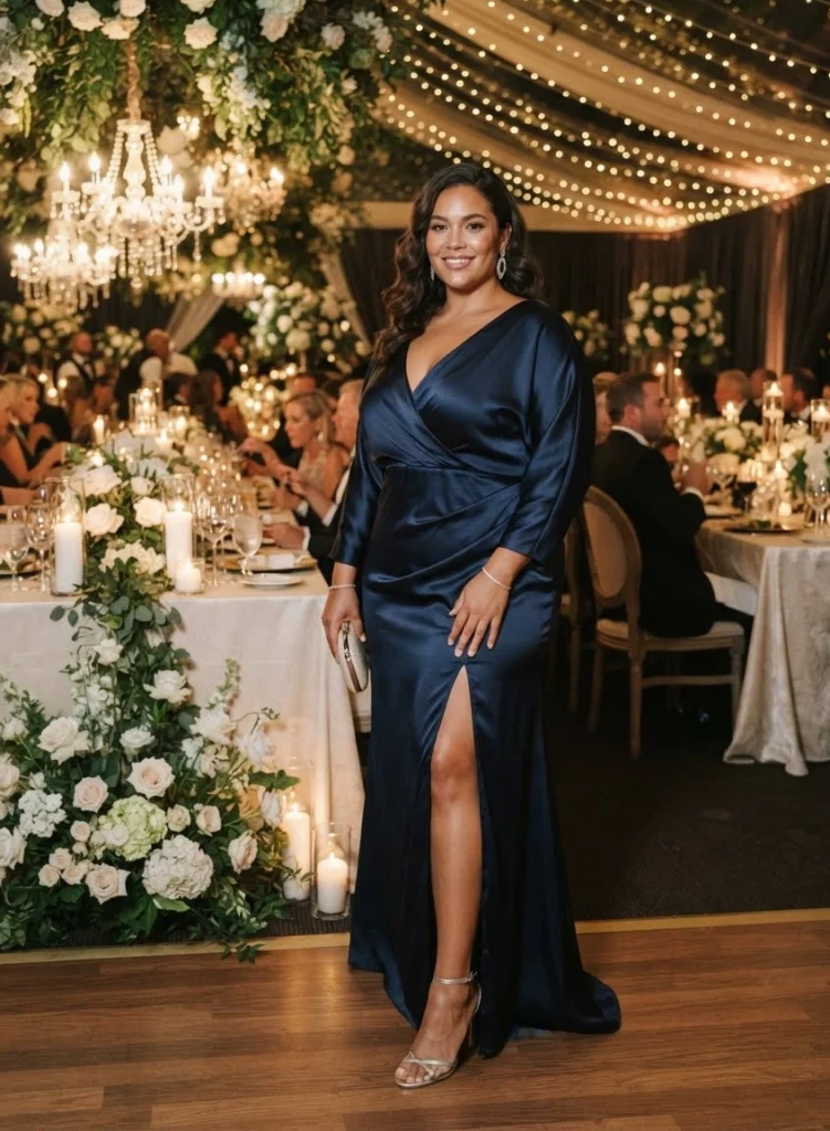 Midnight Blue Satin Gown with Slit
