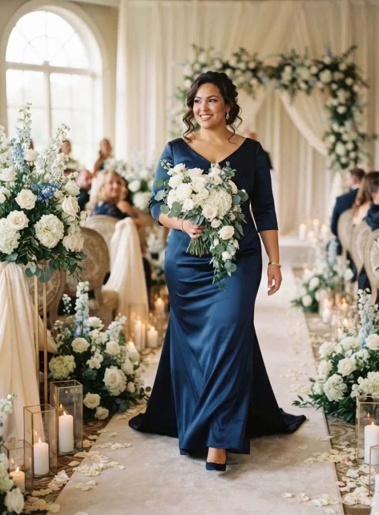 Navy Silk Charmeuse Gown with Train