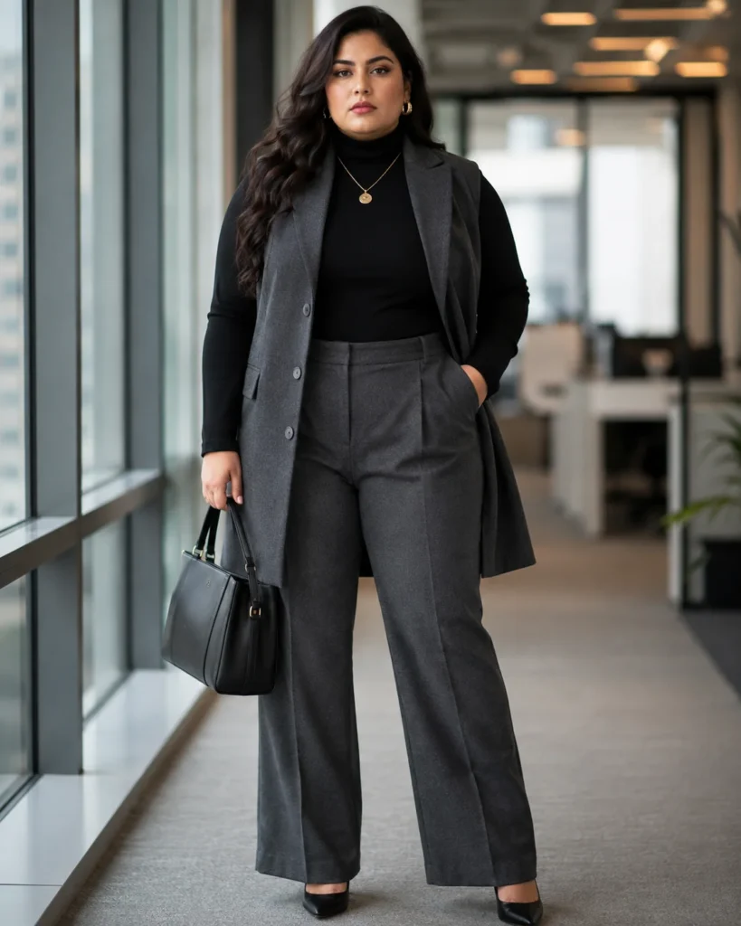 A-Line Trousers, Turtleneck and Long Vest