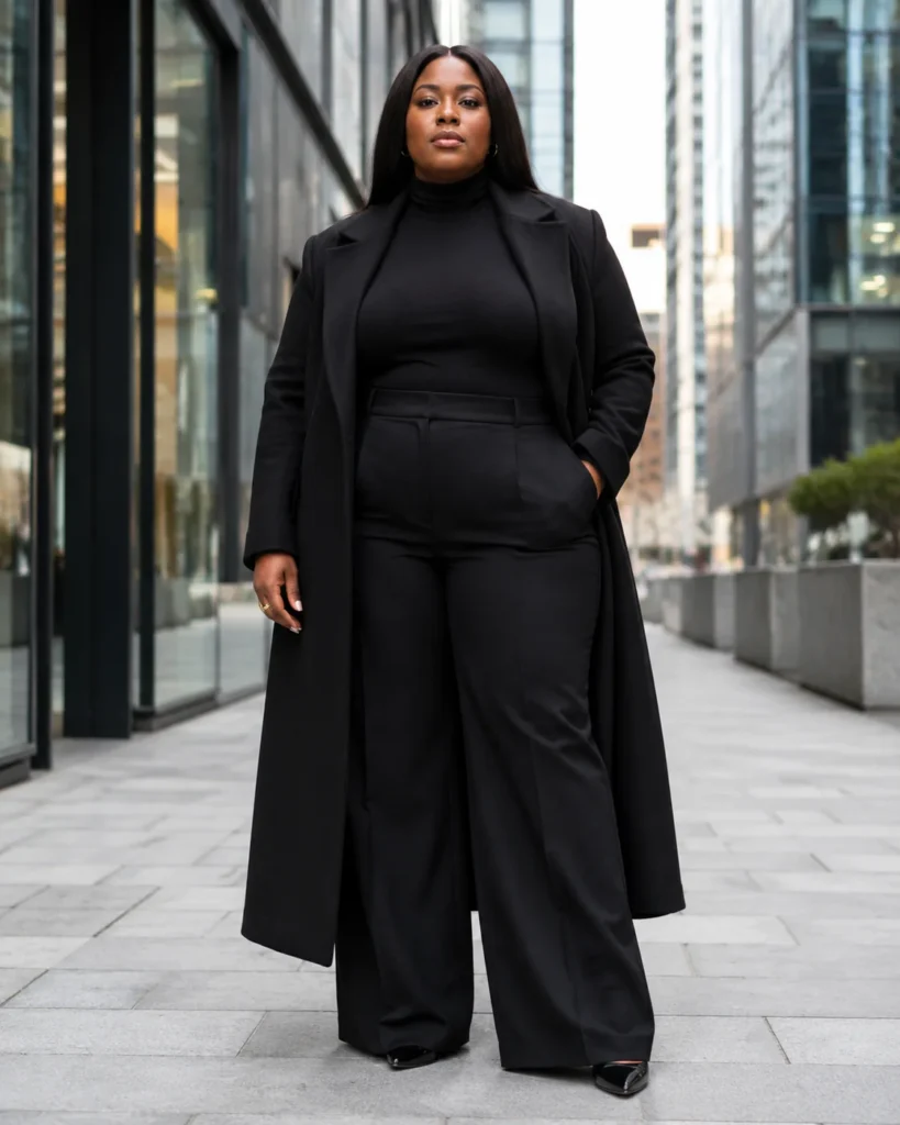 All-Black Wool Coat and Wide-Leg Trousers