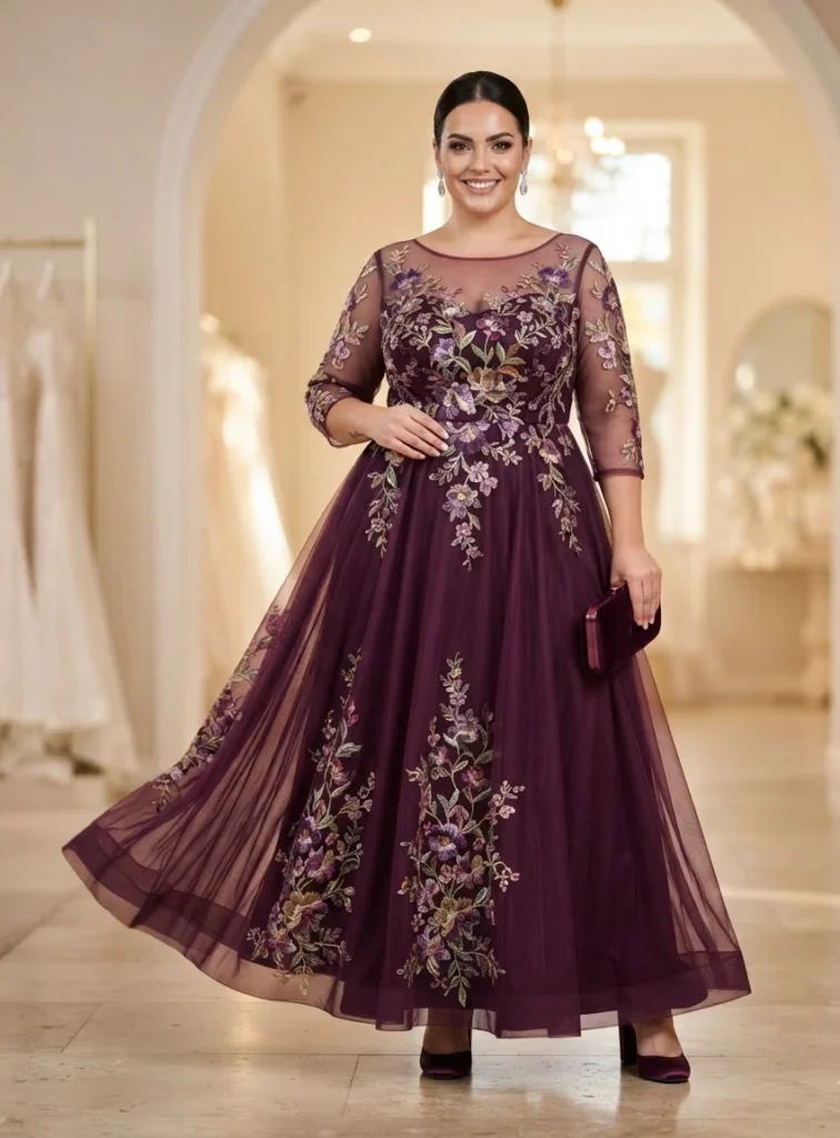 Aubergine Embroidered Fit-and-Flare Evening Dress