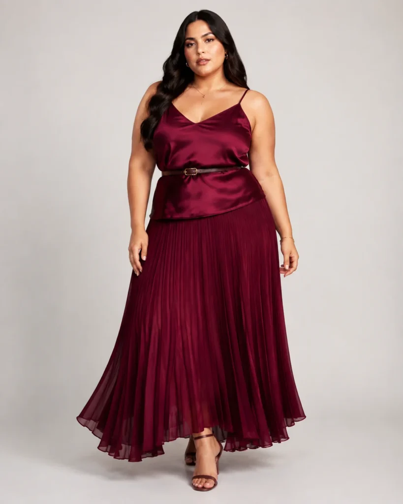 Berry Satin Cami + Pleated Maxi Skirt