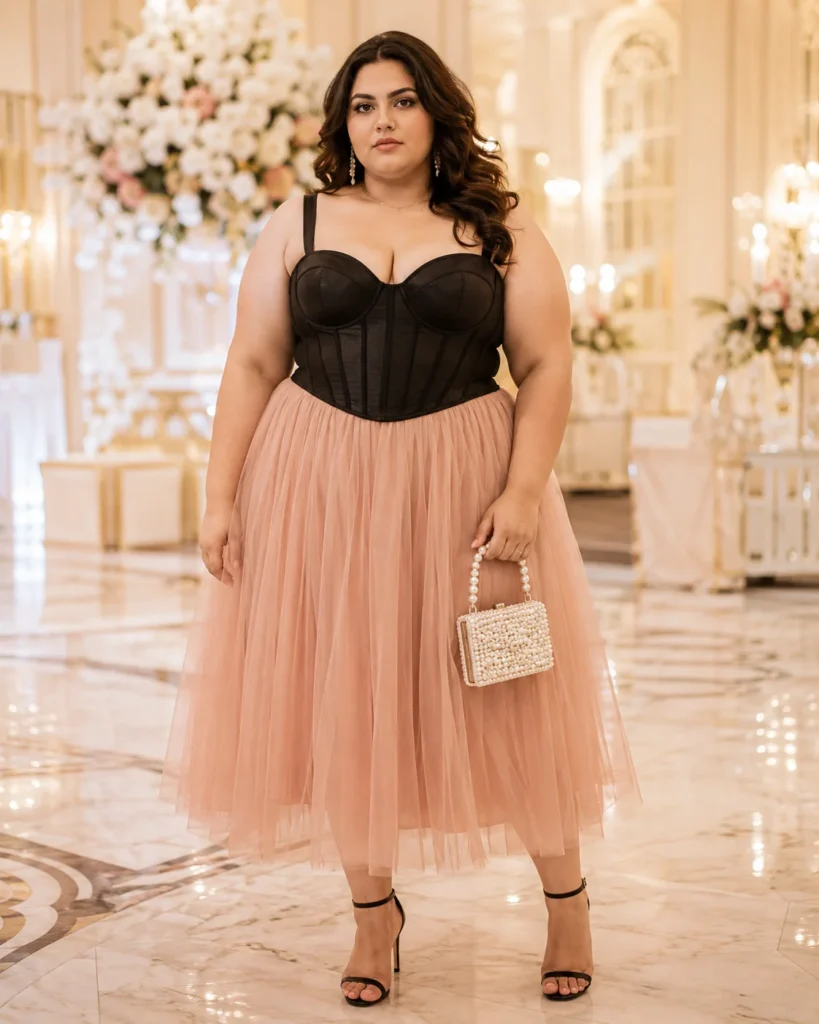 Black Corset Top + Blush Tulle Midi Skirt + Pearl-Handle Clutch