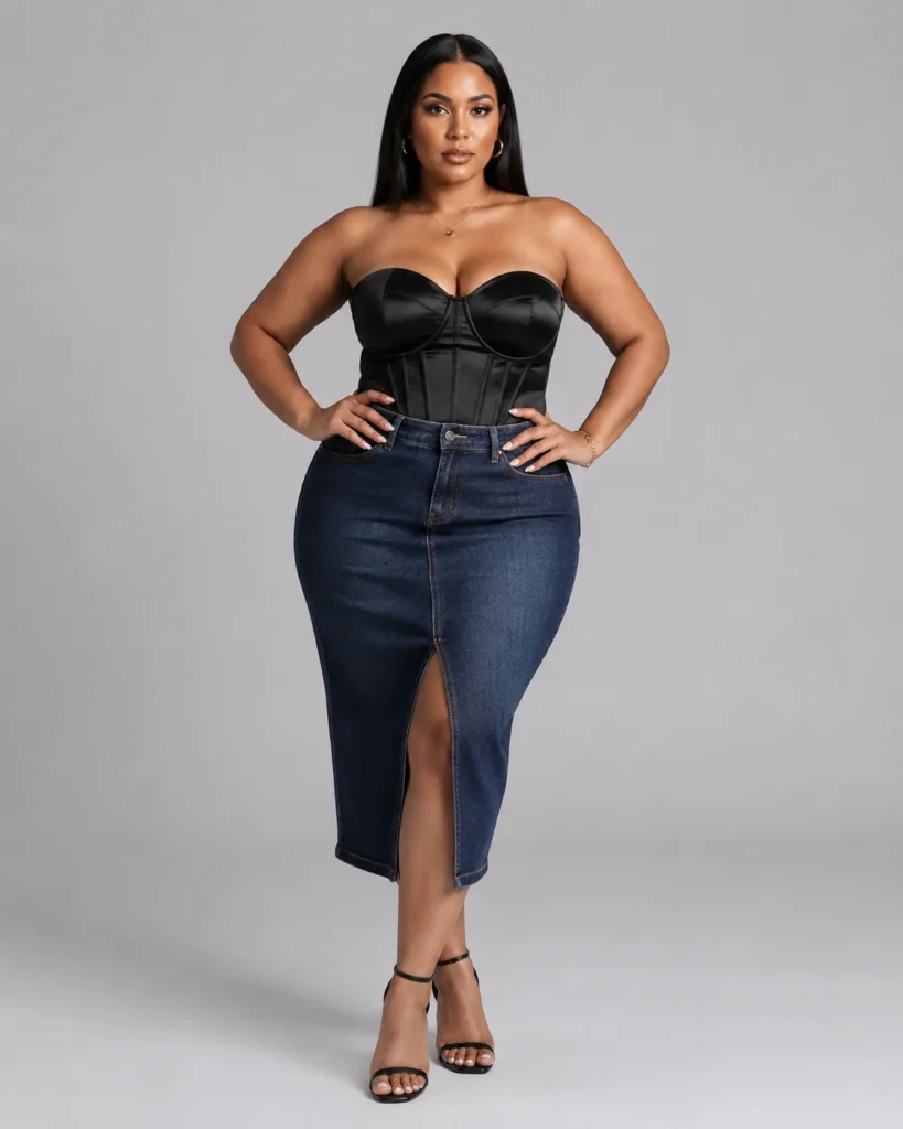 Black Satin Corset Top + Denim Midi Skirt