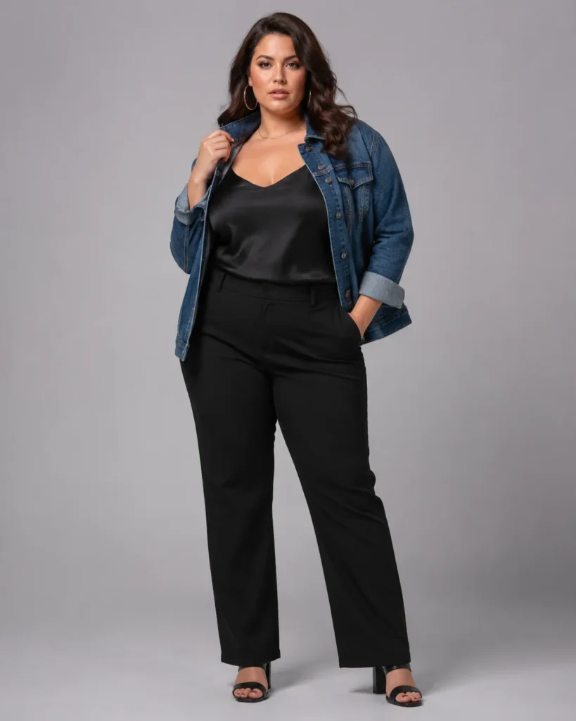 Black Satin Tank + Denim Jacket + Trousers