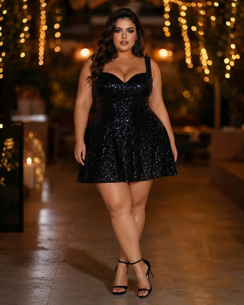 Black Sequin Fit-and-Flare with a Sweetheart Neckline
