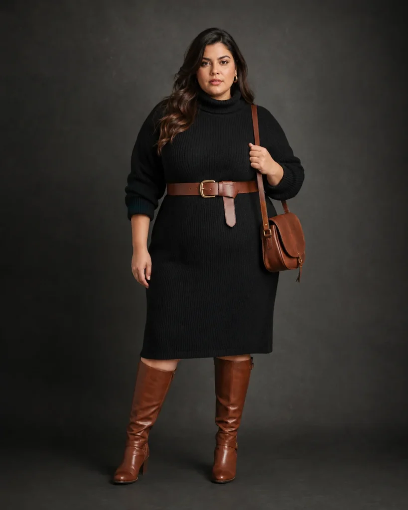Black Sweater Dress + Cognac Belt