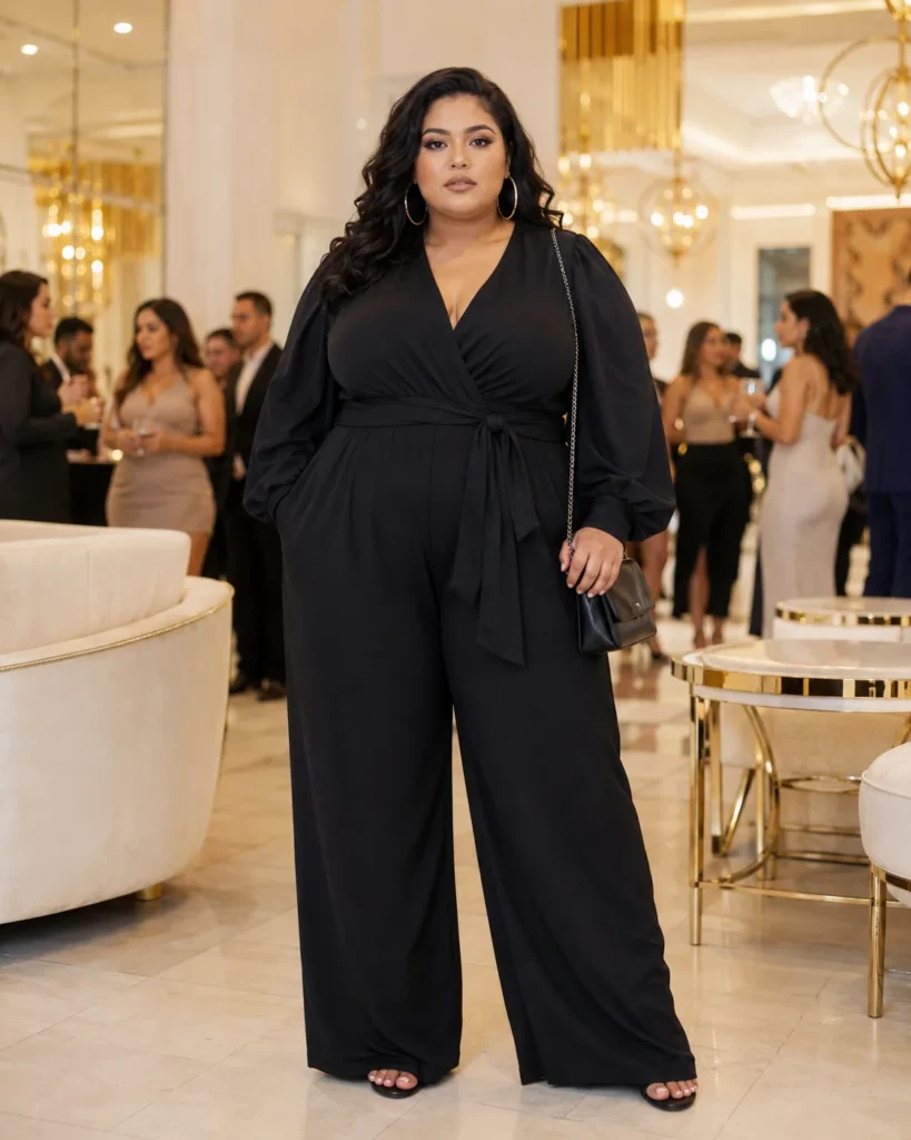 Black Wide-Leg Jumpsuit + Structured Chain Bag