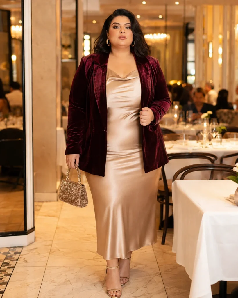 Burgundy Velvet Blazer + Champagne Slip Dress + Beaded Top-Handle Bag