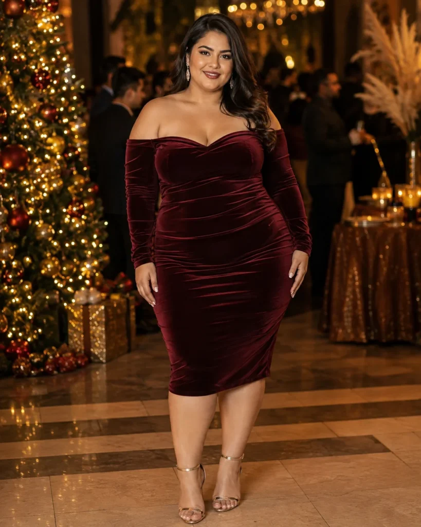 Burgundy Velvet Bodycon with Off-Shoulder Sleeves