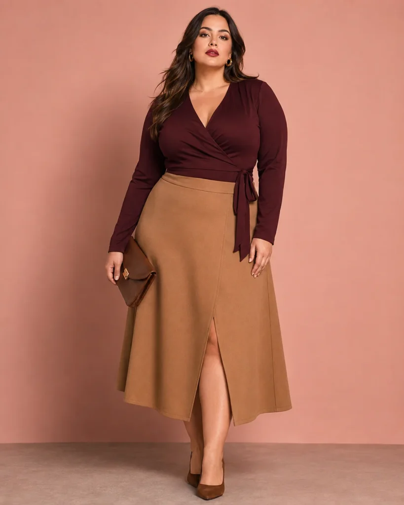 Burgundy Wrap Top + Camel A-Line Skirt