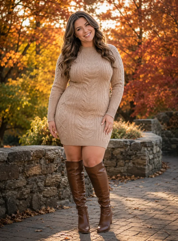 Cable Knit Sweater Dress With Knee-High Boots