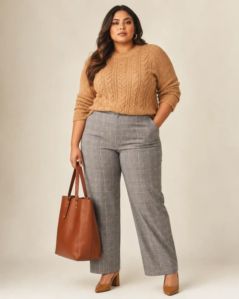 Camel Cable-Knit + Grey Plaid Trousers
