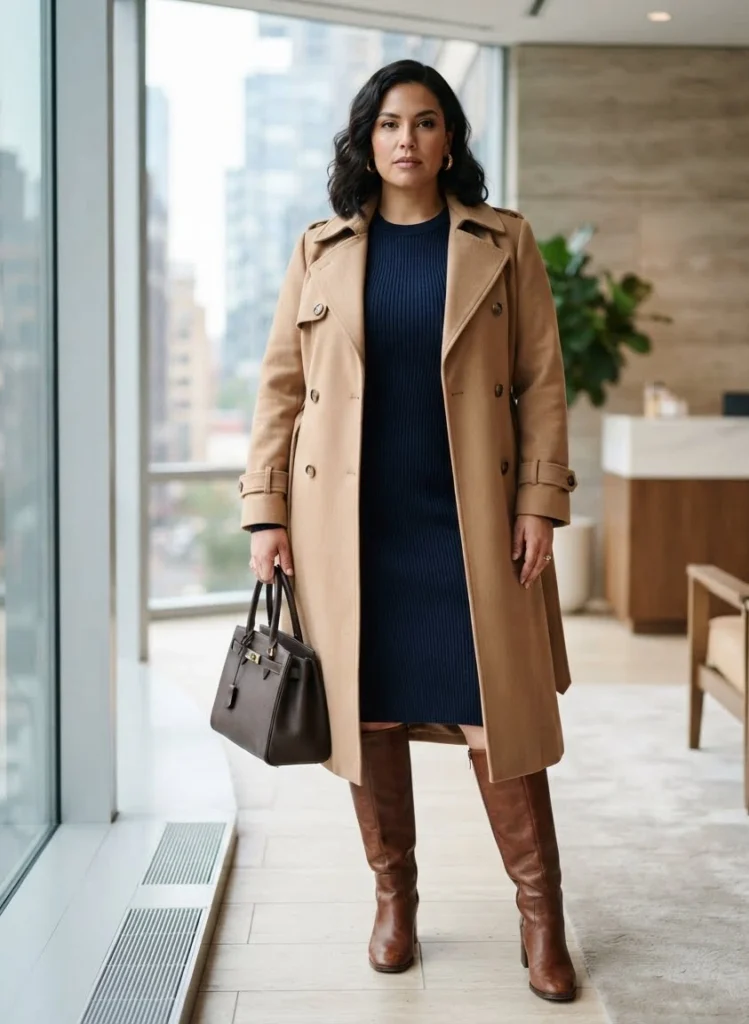 Camel Trench Coat with Navy