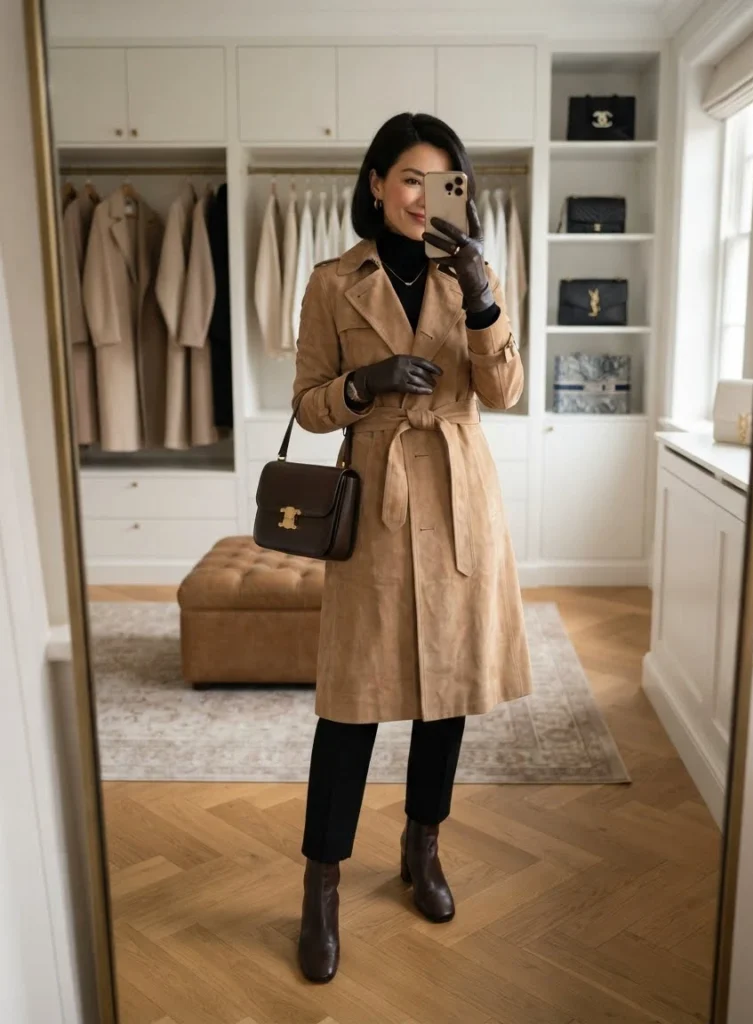 Camel Trench Over a Simple Black Turtleneck