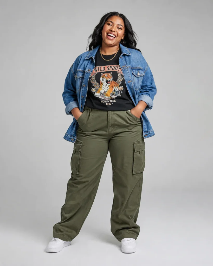 Cargo Pants with a Graphic Tee and Denim Jacket