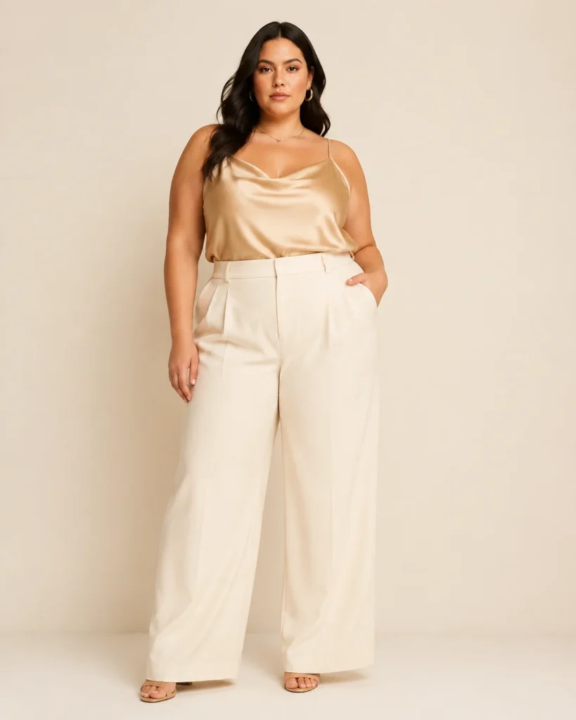 Champagne Satin Cami + Wide-Leg Trousers