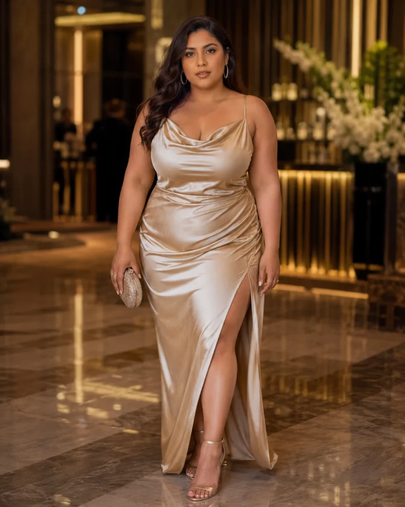 Champagne Satin Slip Dress with a Cowl Neckline