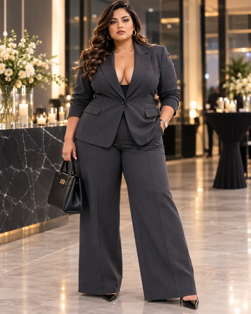 Charcoal Pantsuit with a Plunging Blazer