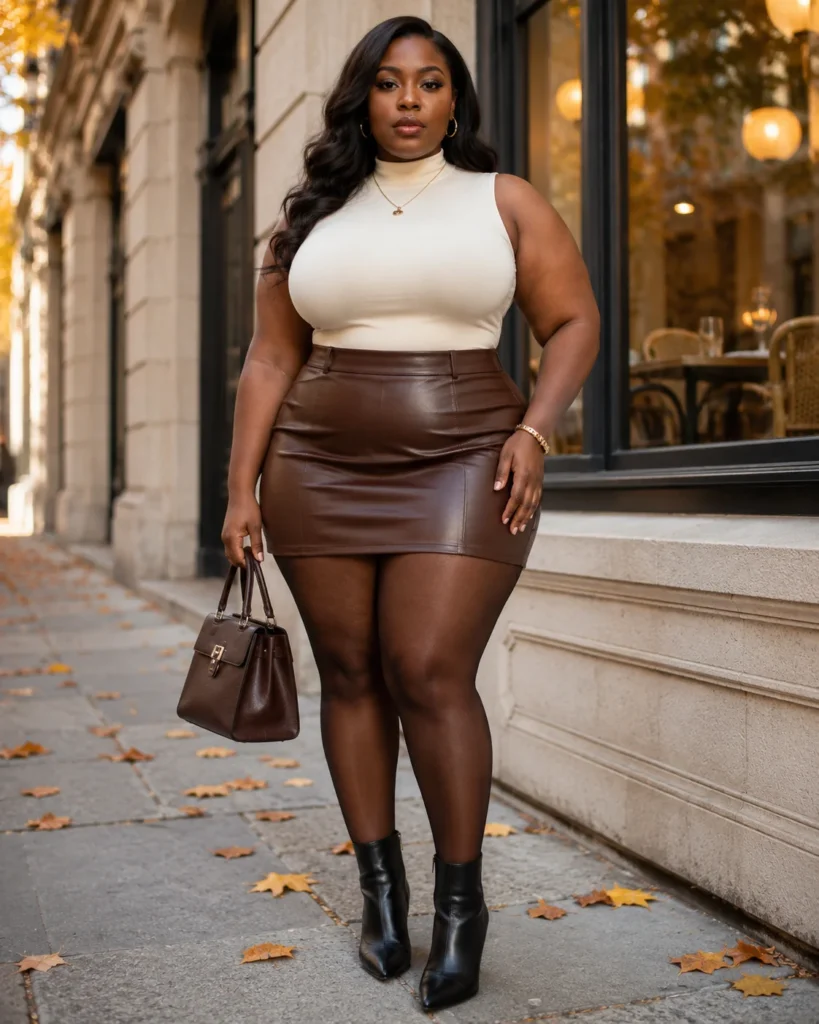 Chocolate Faux-Leather Mini Skirt + Cream Mock-Neck