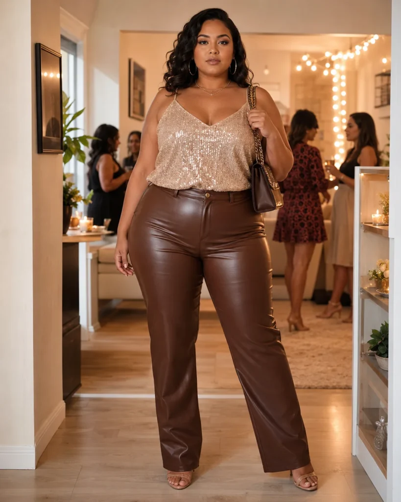 Chocolate Faux Leather Pants + Champagne Sparkly Cami + Small Shoulder Bag