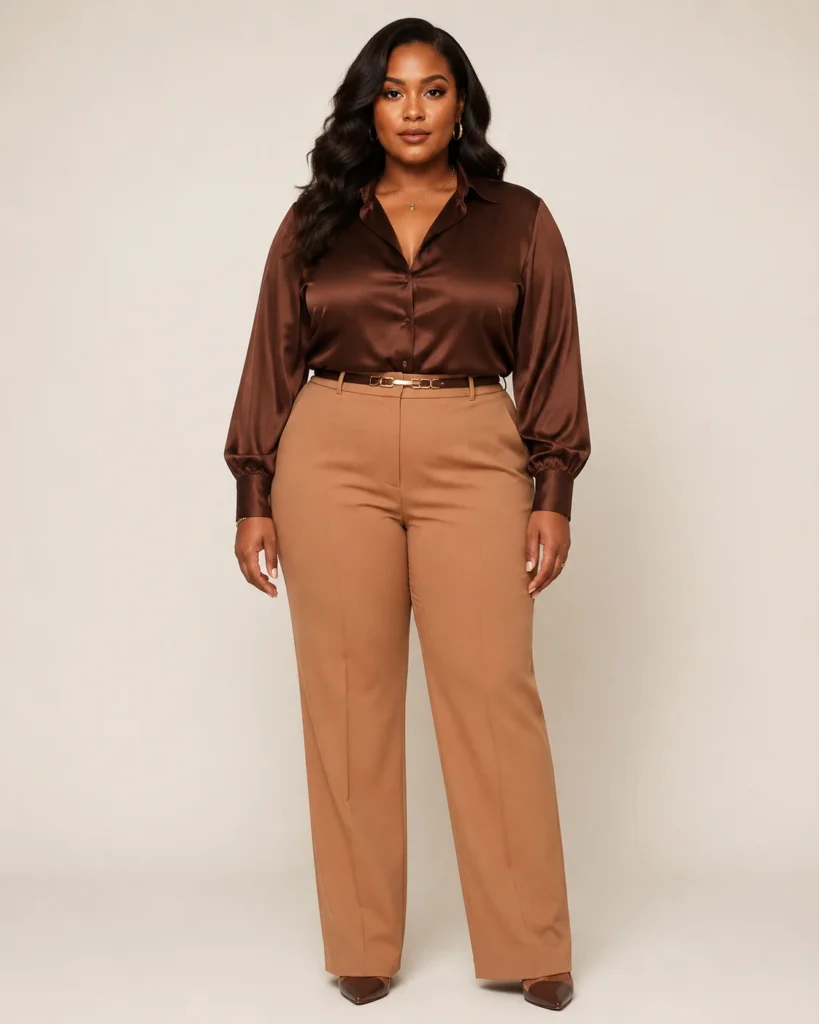 Chocolate Satin Blouse + Camel Trousers