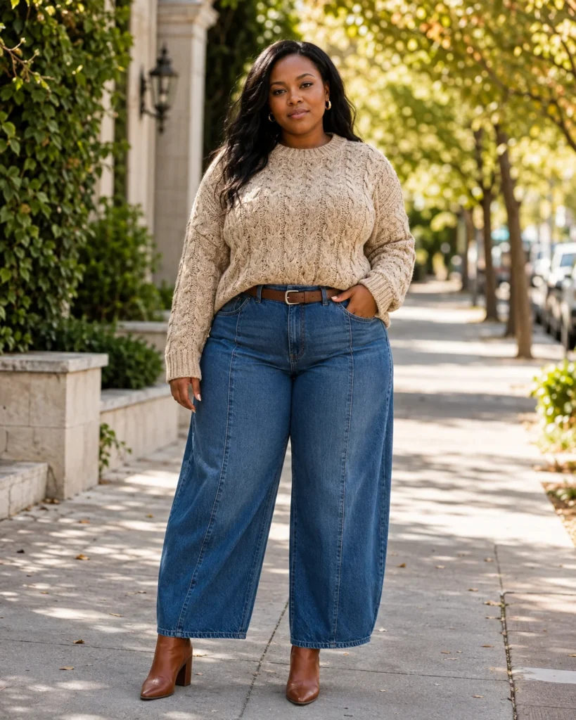 Chunky Cable-Knit Sweater and Barrel Jeans
