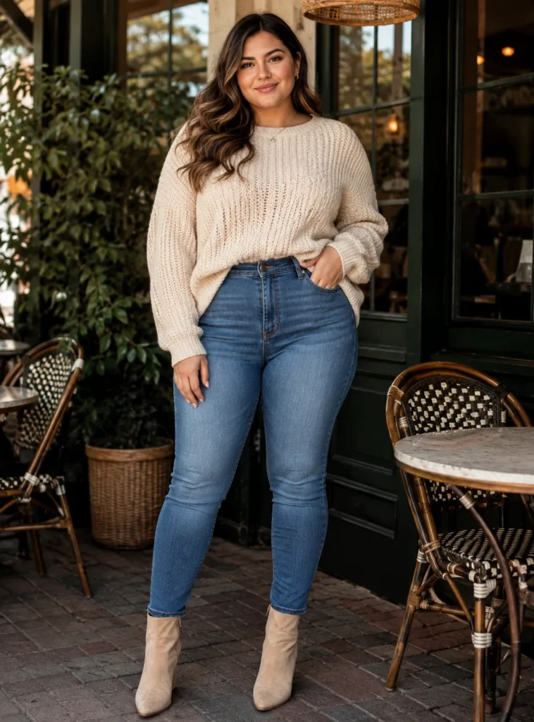 Chunky Knit Sweater With High-Waisted Jeans