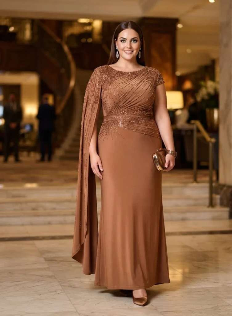 Copper Bronze Beaded Cape Sleeve Maxi Dress