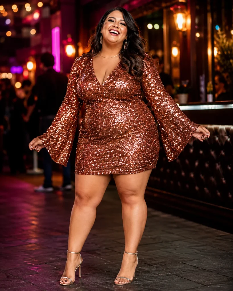 Copper Sequin Mini Dress with Bell Sleeves