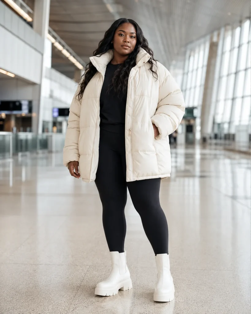 Cream Oversized Puffer, Leggings and White Boots