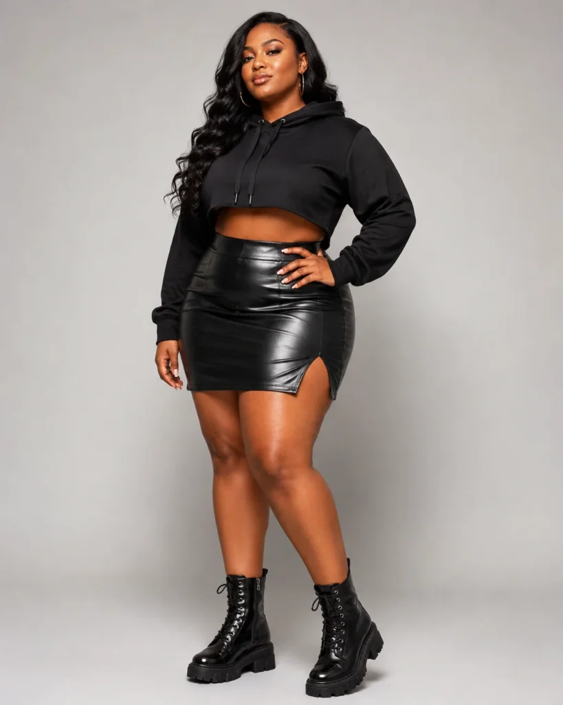 Cropped Hoodie with a Faux Leather Skirt