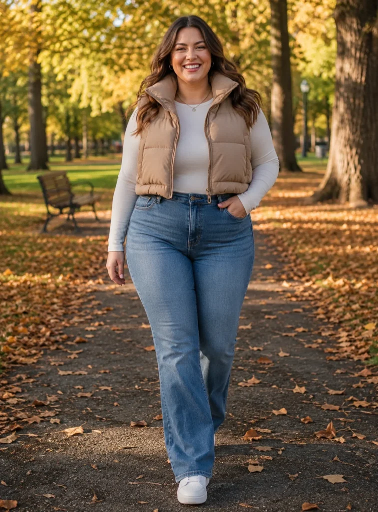 Cropped Puffer Vest Over Long Sleeve Top