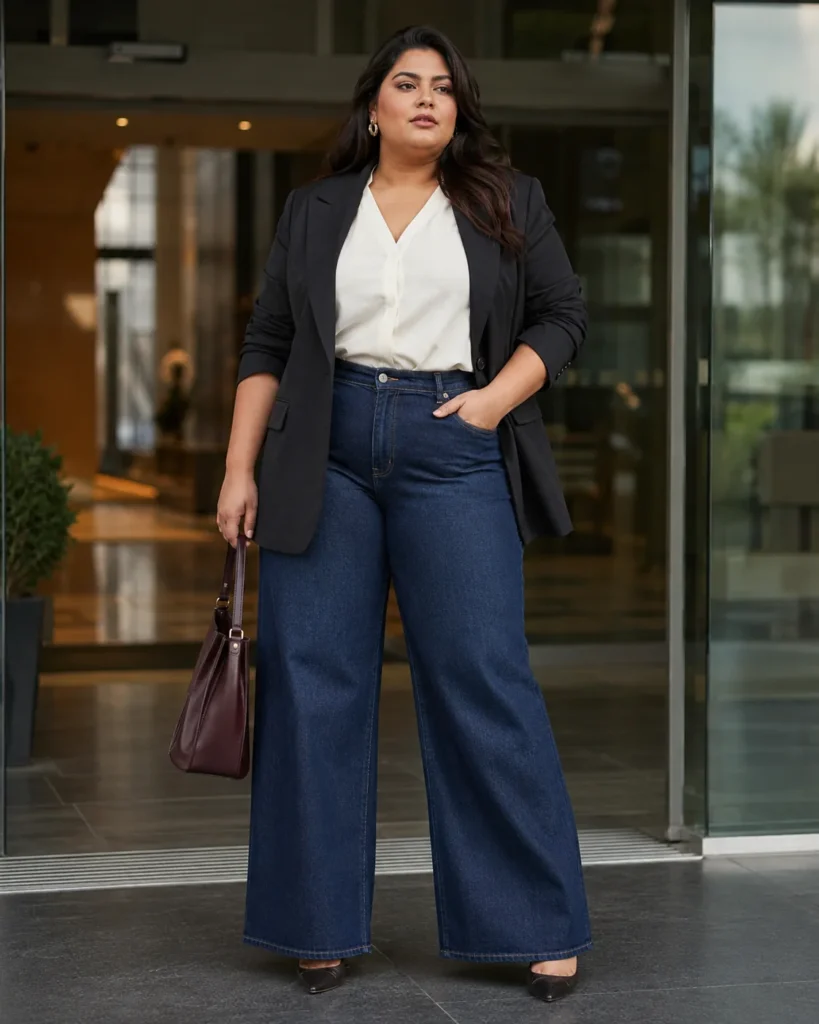 Dark Wide-Leg Jeans, Blazer and Heels