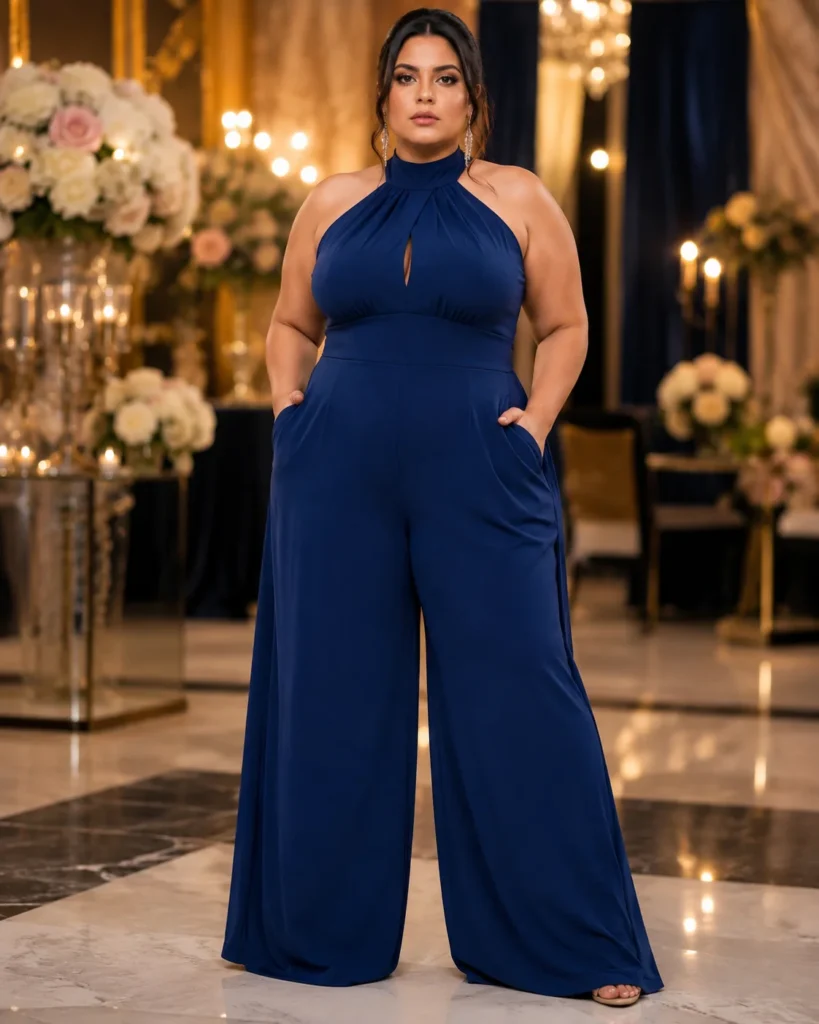 Deep Blue Halter Jumpsuit with Wide-Leg Palazzo