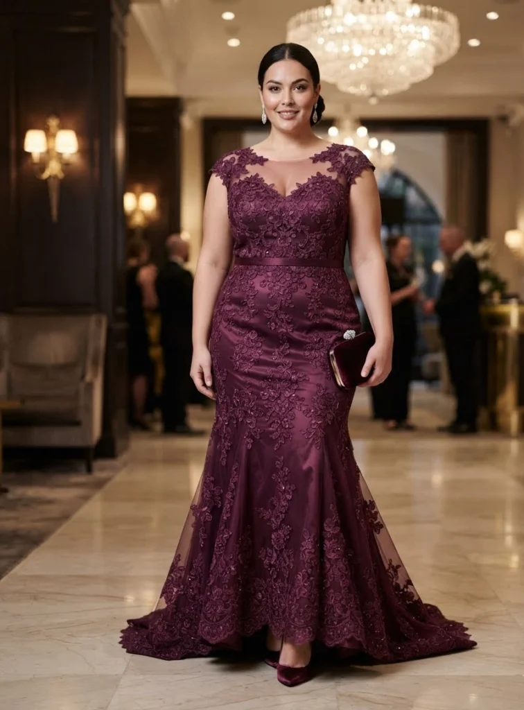 Deep Plum Lace Mermaid Evening Gown