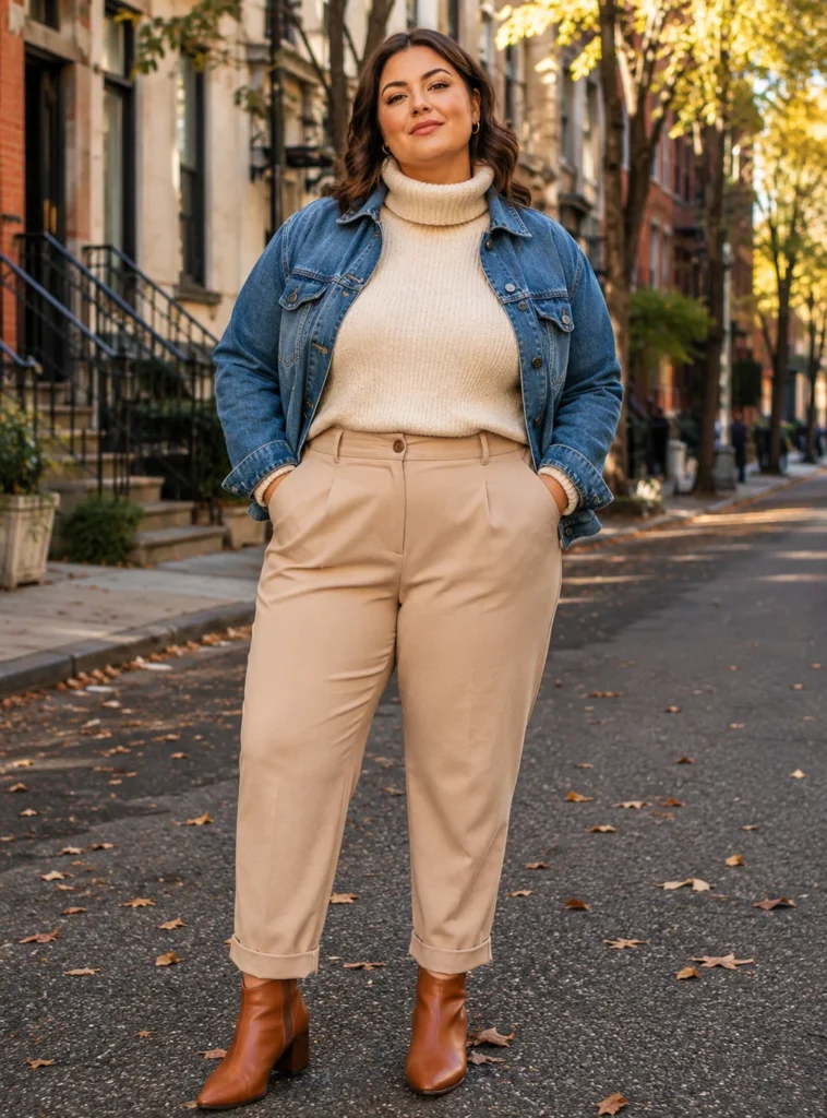Denim Jacket Over a Cozy Turtleneck