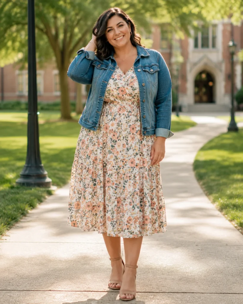 Denim Jacket Over Floral Midi Dress