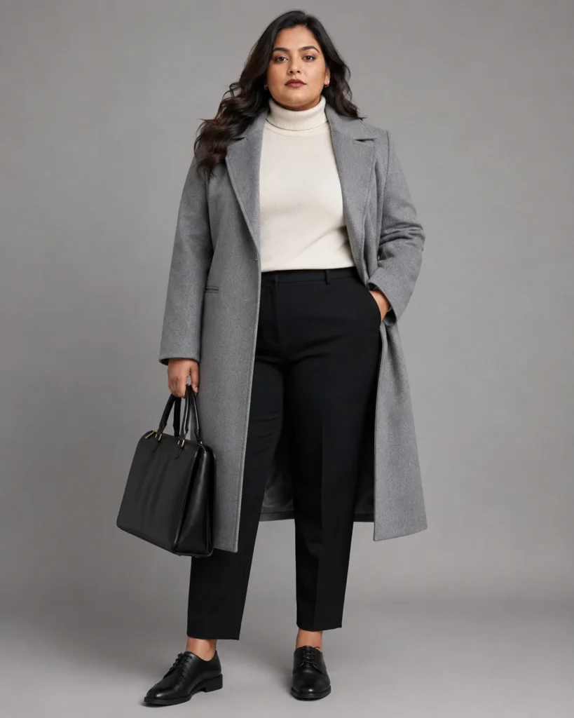 Dove Grey Coat + Ivory Turtleneck + Black Trousers