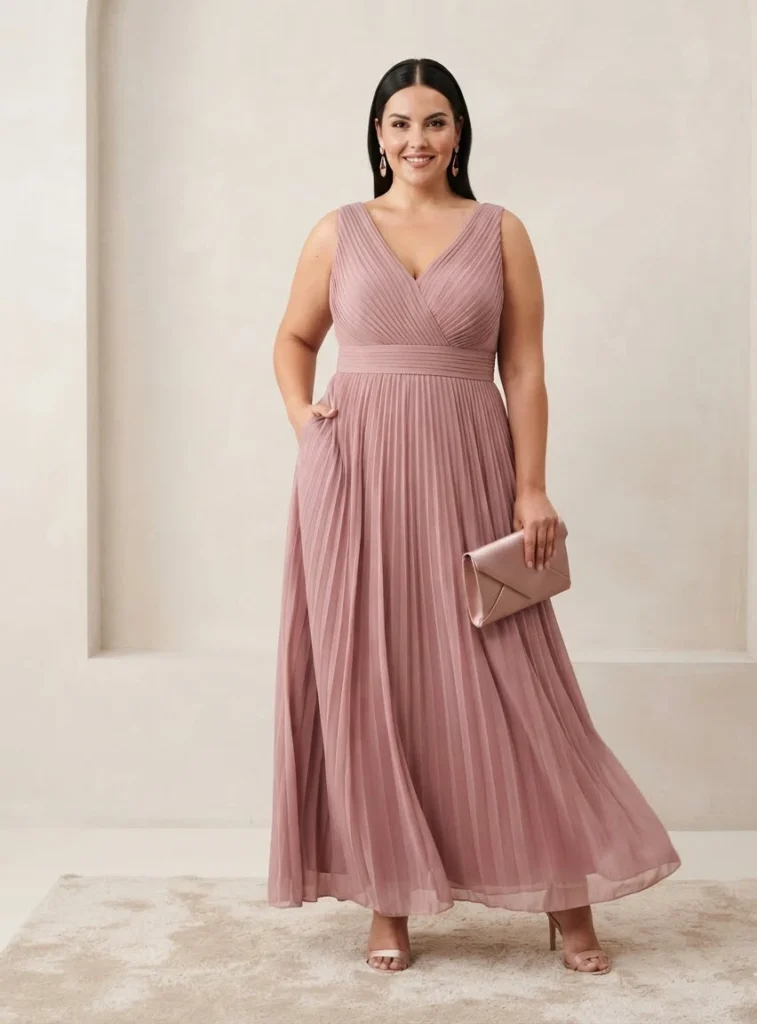 Dusty Rose Pleated V-Neck Formal Dress
