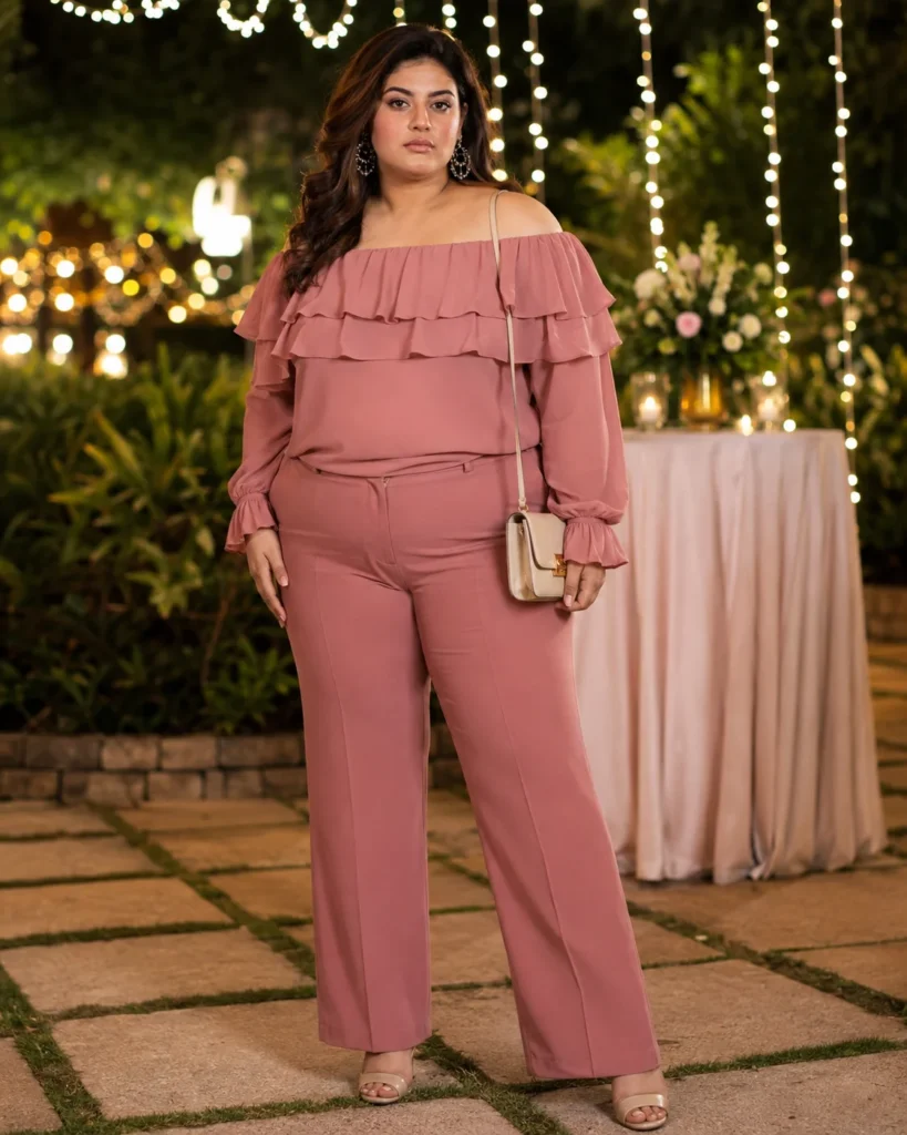 Dusty Rose Ruffle Blouse + Straight-Leg Trousers + Crossbody Bag