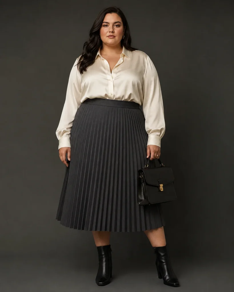 Ecru Silk Blouse + Charcoal Pleated Skirt