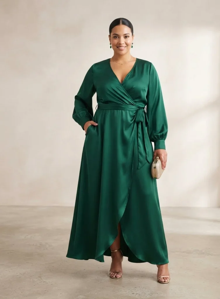 Emerald Green Satin Wrap Maxi Dress
