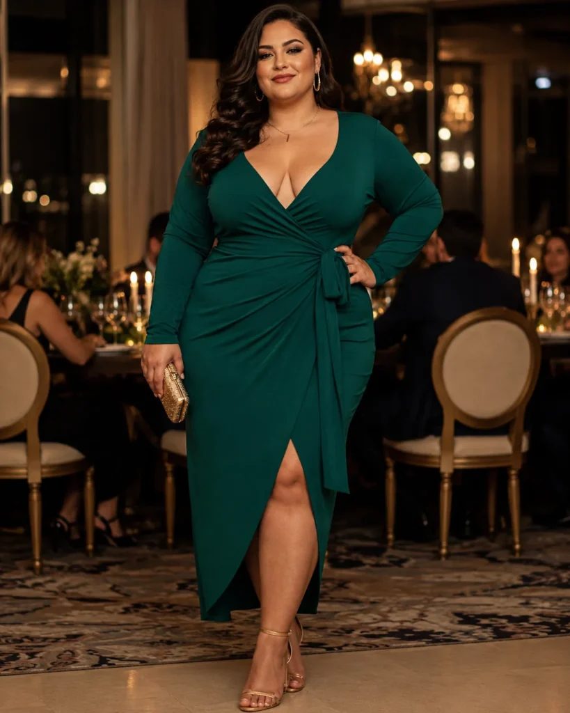 Emerald Green Wrap Dress with a Plunge Neckline