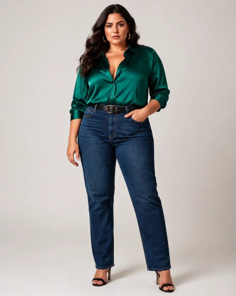 Emerald Satin Blouse + Straight-Leg Denim