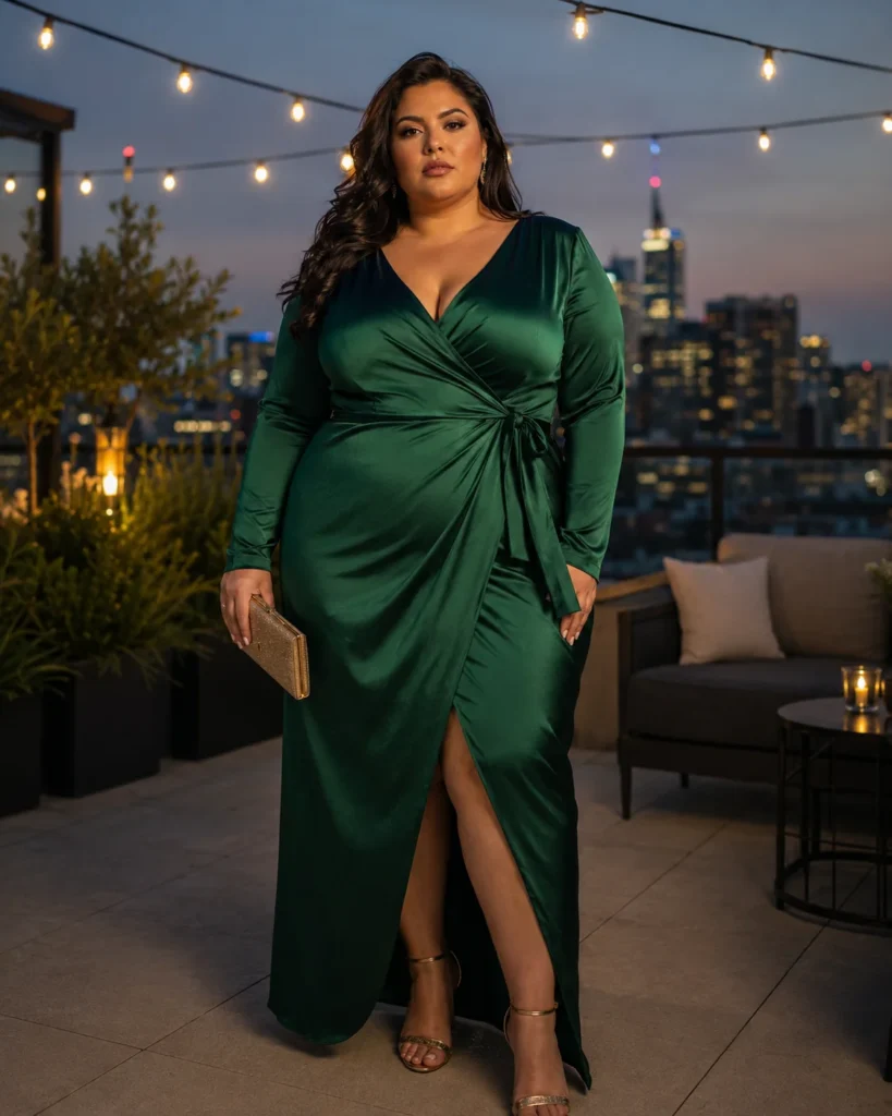 Emerald Satin Wrap Dress + Gold Clutch