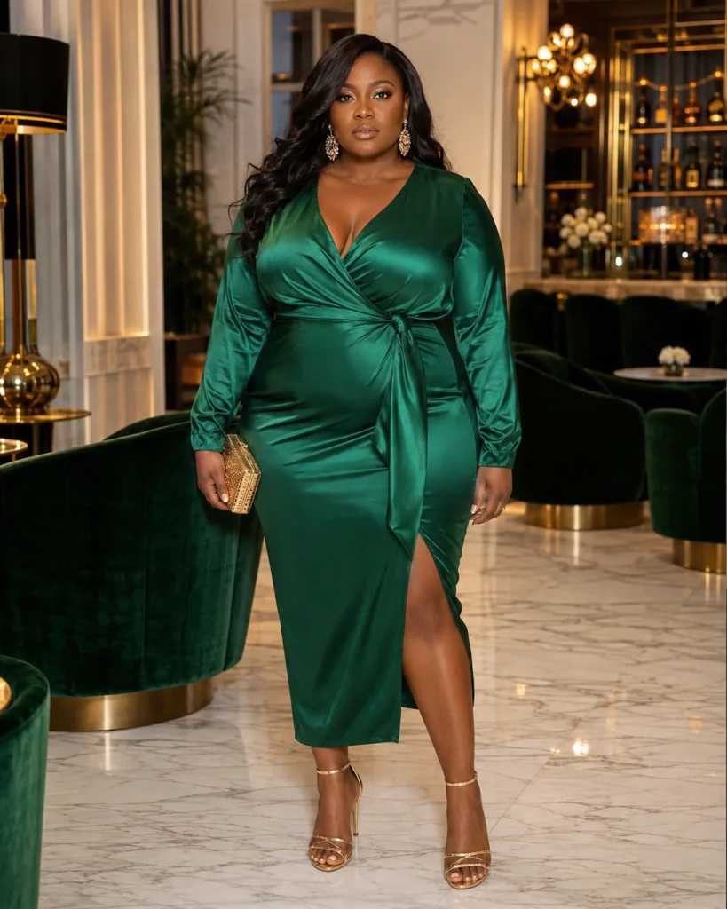 Emerald Satin Wrap Midi Dress + Gold Heels